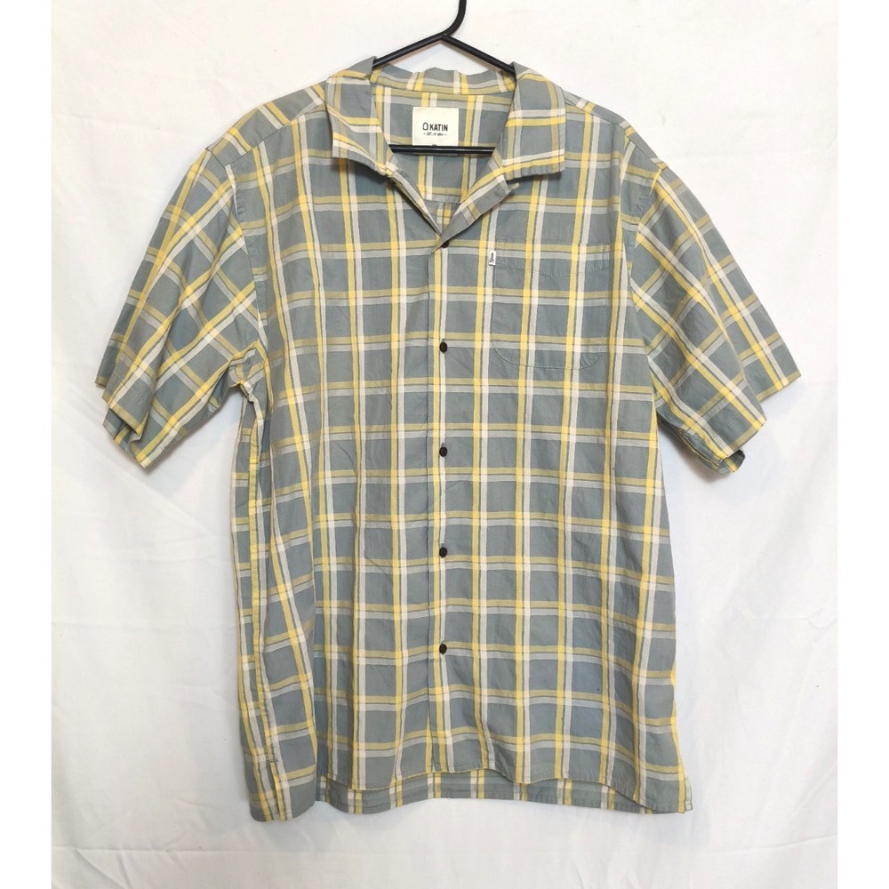 Katin Mens Short Sleeve Plaid‎ Button Up Shirt Gray Yellow Size XL 100% Cotton